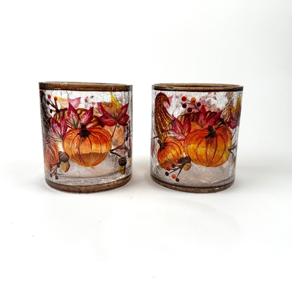 Pair Yankee Candle votive glass candle holders, cornucopia baskets, crackled - Picture 3 of 4